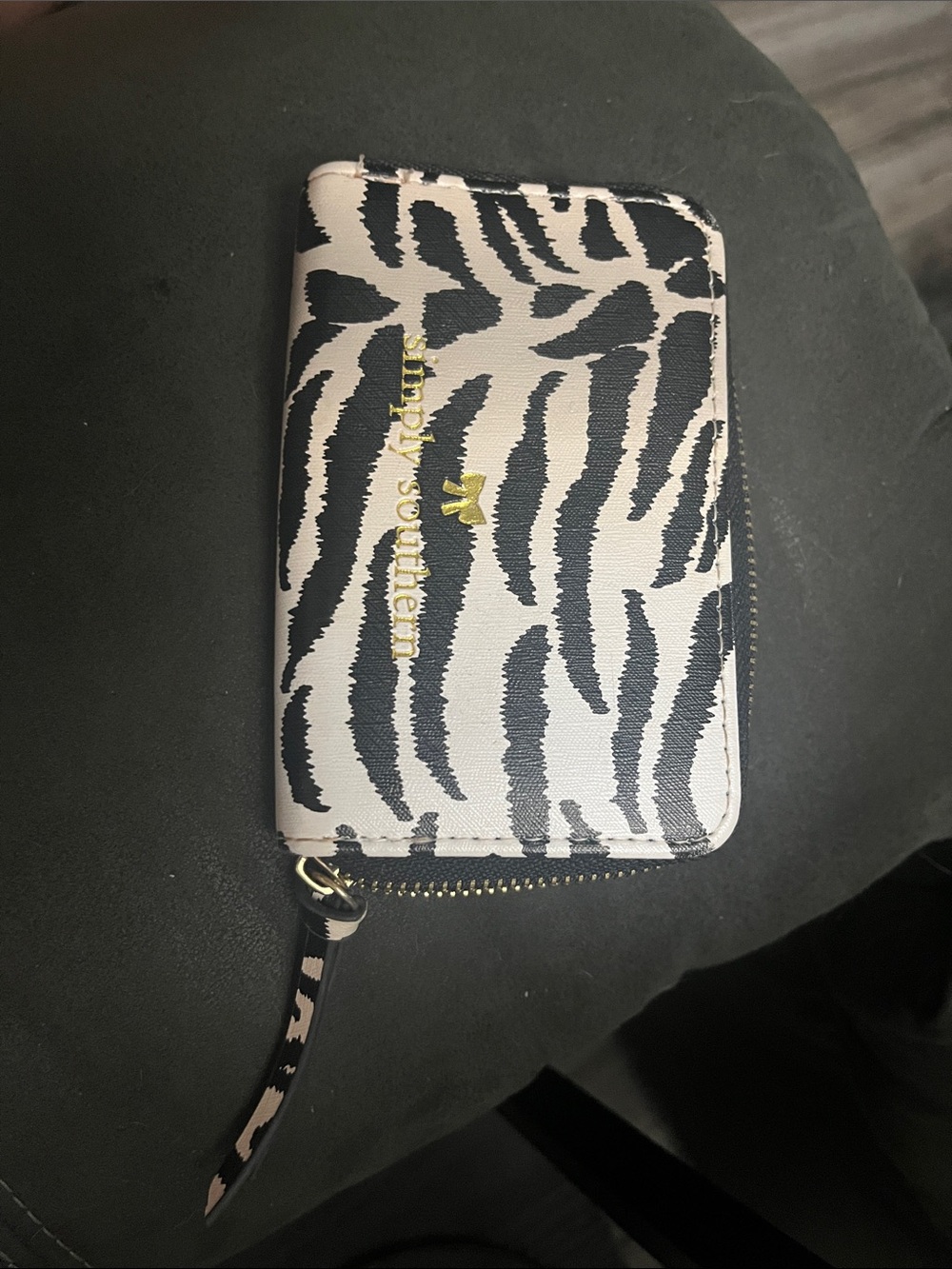 Simply Southern Black and Cream Zebra-Print Zip Wallet with Gold Logo